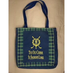 St Andrews Links The Old Course Tote Bag Navy Plaid Woven Golf Souvenir USA Made